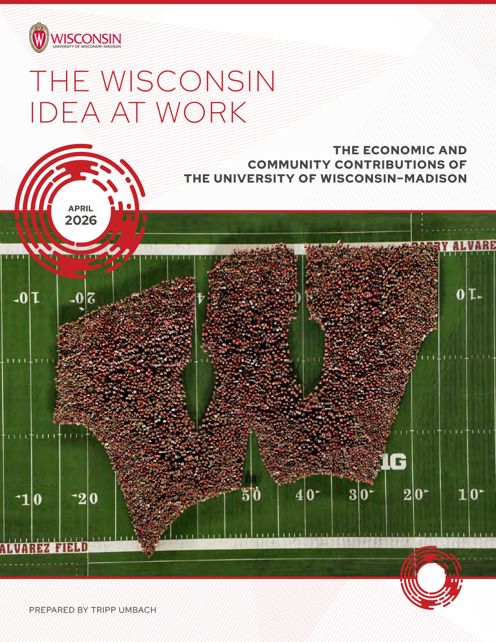 Cover for the 2026 Economic Impact report featuring large group of people forming the motion W on a football field.